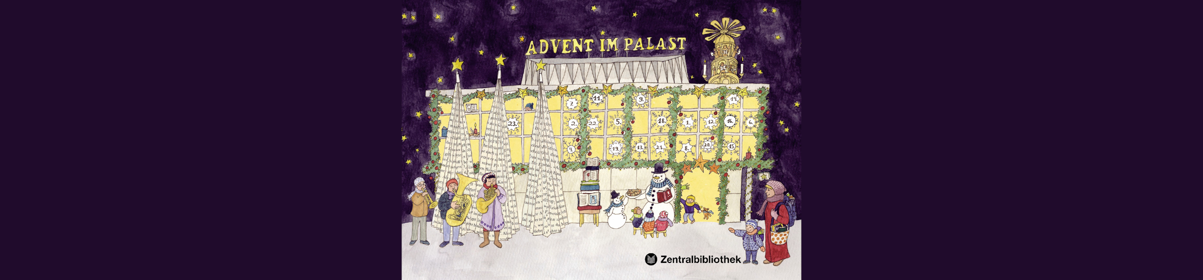 Zeichnung des Kulturpalastes mit der Überschrift Advent im Palast