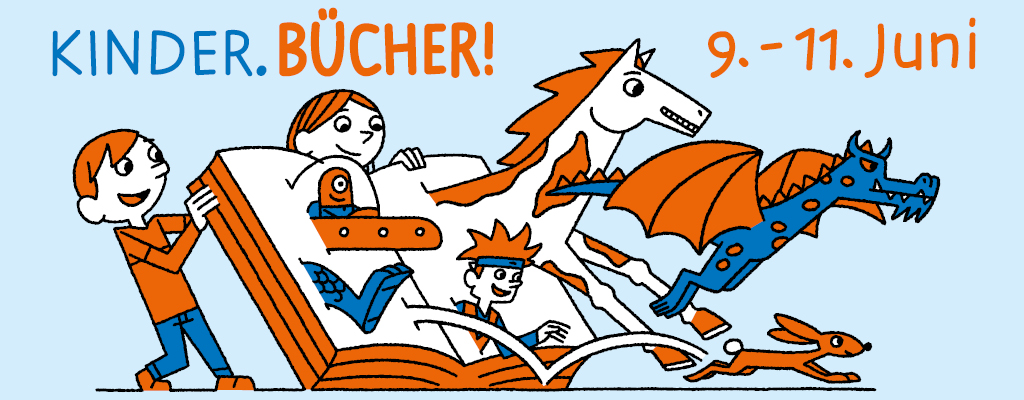 Kinderliteraturfestival-Logo mit 2 Kindern und einem großen Buch. Kinderliteraturfestival-Logo mit 2 Kindern und einem großen Buch.