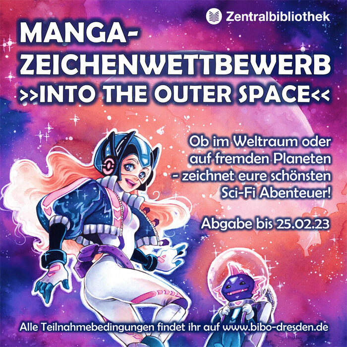 Zeichnung von zwei Figuren im Weltraum mit Informationstext zum Wettbewerb