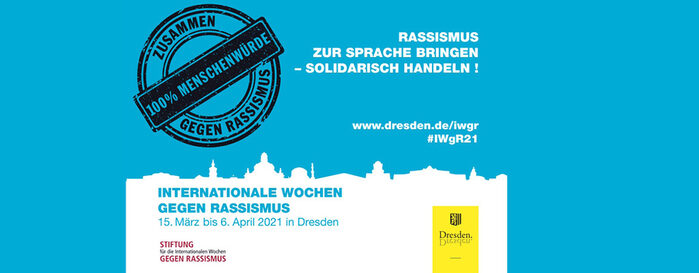 Logo 100% Menschenwürde mit Silhouette der Stadt Dresden
