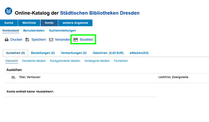 Bildschirmansicht des Kontos im Online-Katalog mit markiertem "Bezahlen"-Link