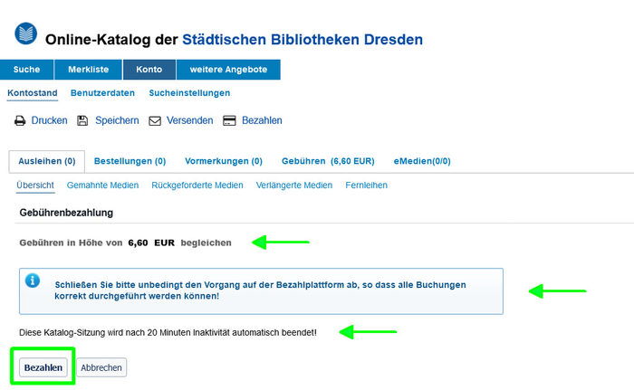 Bildschirmansicht der Gebührenbezahlung im Online-Katalog