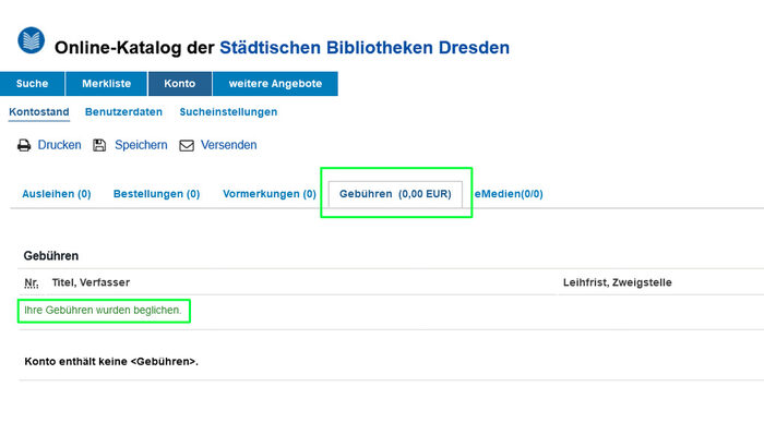 Bildschirmansicht des ausgeglichenen Gebührenkontos im Online-Katalog