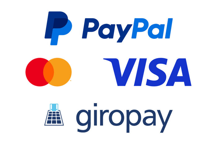 Grafik mit den Logos der Zahlungsdienstleister PayPal, Mastercard, Visa und Giropay