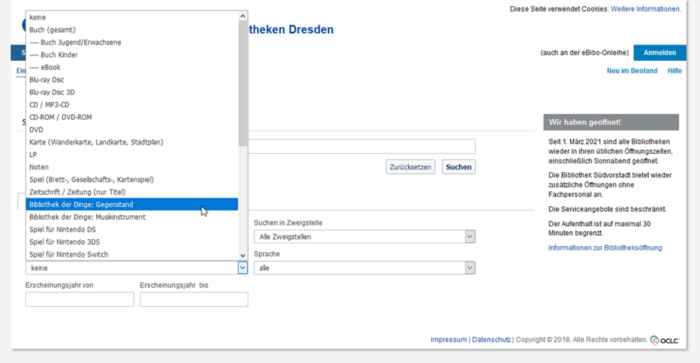 Suchmaske des Online-Kataloges mit aufgeklappter Auswahl der Medienart