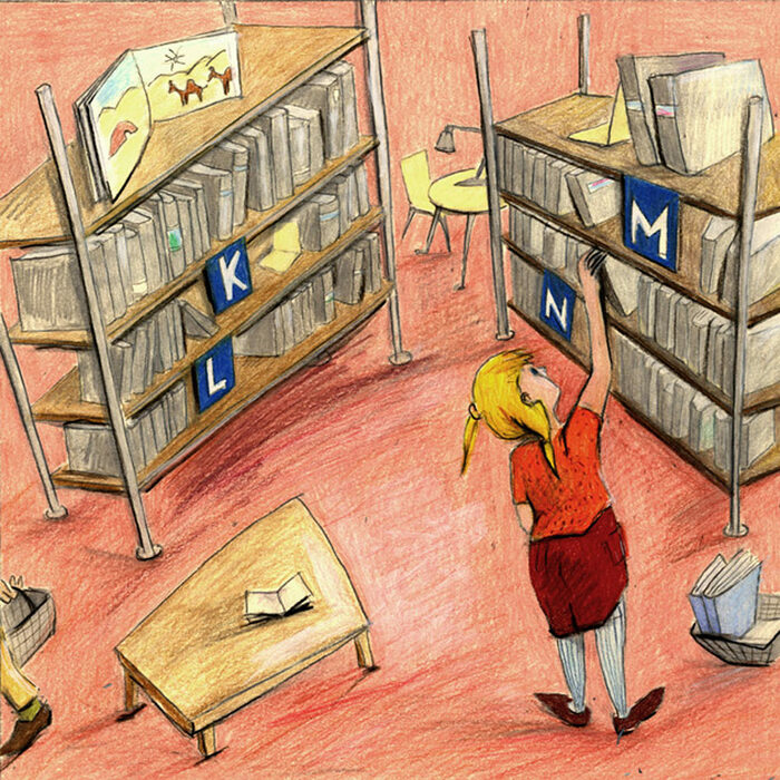 Ein gezeichnetes Bild: ein Mädchen steht zwischen Bücherregalen
