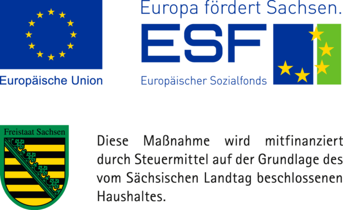 Grafik mit der Flagge der Europäischen Union, dem Logo des Europäischen Sozialfonds und dem Wappen des Freistaates Sachsen