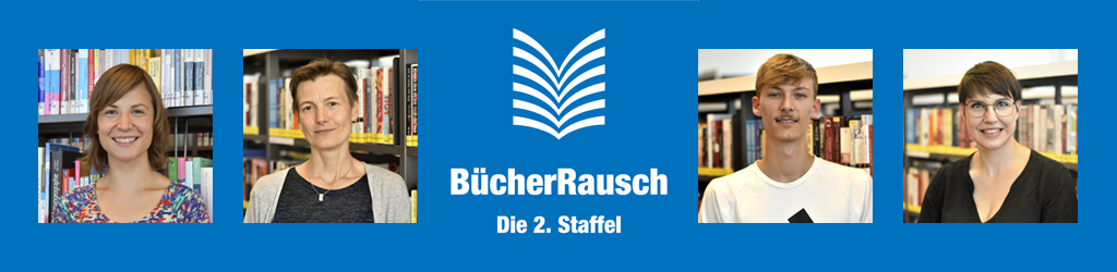 Logo des Bücherrausch-Podcast Staffel 2 sowie 4 Fotos von Kolleg*innen Logo des Bücherrausch-Podcast Staffel 2 sowie 4 Fotos von Kolleg*innen