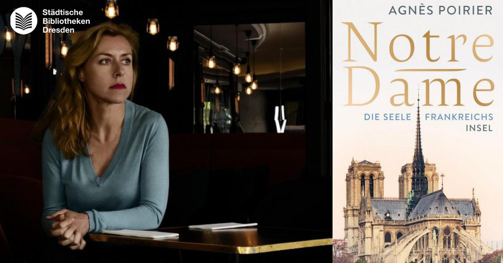 Portrait von Agnès Poirier und Cover Ihres Buches: Notre-Dame. Die Seele Frankreich