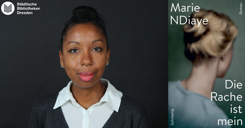 Portrait der Autorin Marie NDiaye sowie das Buchcover von "Die Rache ist mein"