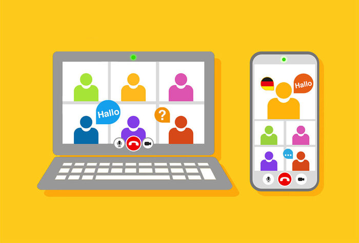 Grafik mit einem Laptop und einem Smartphone. Auf den Bildschirmen sind mehrere Personen-Icons als Videokonferenz dargestellt.