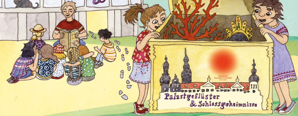 Zeichnung einer Schatztruhe, in der Kinder einen Schatz finden. Im Hintergrund wird mehreren Kindern ein Buch vorgelesen. Zeichnung einer Schatztruhe, in der Kinder einen Schatz finden. Im Hintergrund wird mehreren Kindern ein Buch vorgelesen.