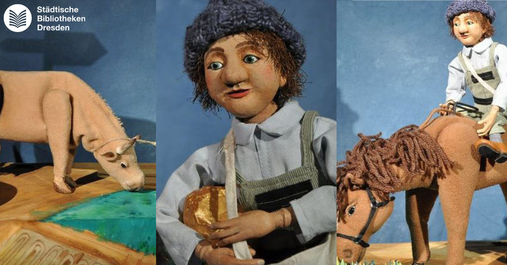 Collage aus Fotos von dem Puppenspiel Hans im Glück.