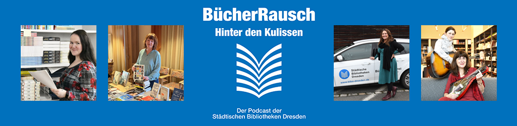 Logo des Podcasts sowie Fotos von Beschäftigten der Bibliothek