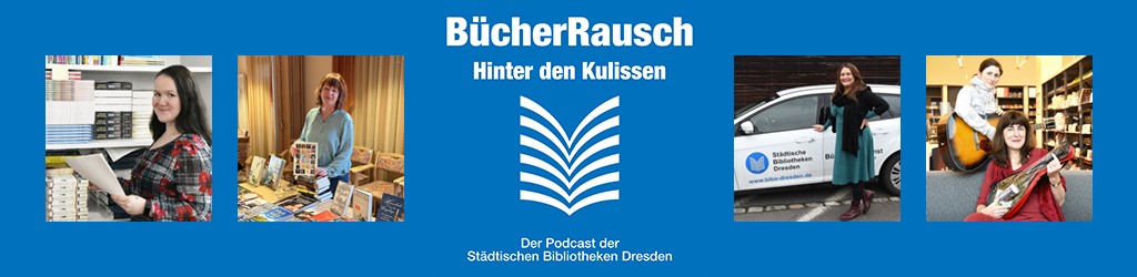 Logo des Bücherrausch-Podcast Staffel 2 sowie 4 Fotos von Kolleg*innen Logo des Bücherrausch-Podcast Staffel 2 sowie 4 Fotos von Kolleg*innen