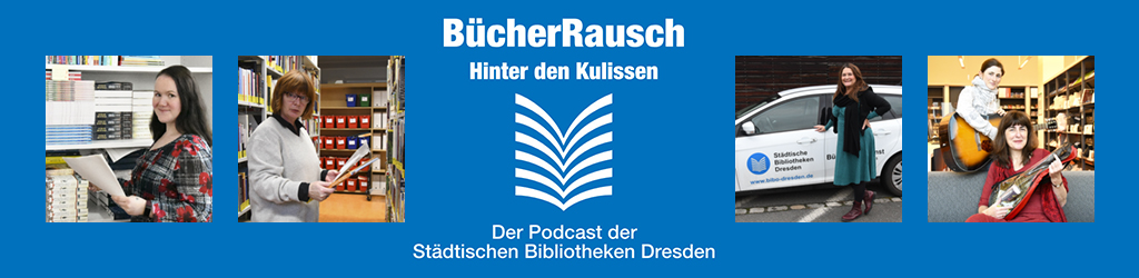 Logo des Bücherrausch-Podcast Staffel 2 sowie 4 Fotos von Kolleg*innen