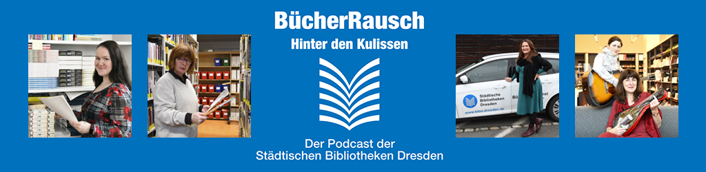Logo des Bücherrausch-Podcast Staffel 2 sowie 4 Fotos von Kolleg*innen Logo des Bücherrausch-Podcast Staffel 2 sowie 4 Fotos von Kolleg*innen